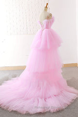 Gorgeous High Low Pink Tulle Long Semi Formal Prom Dresses, Pink Tulle Formal Graduation Evening Dresses