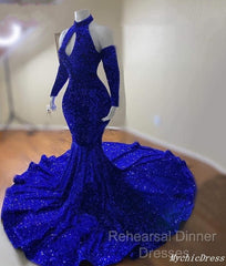Gorgeous High Neck Long Sleeve Royal Blue Semi Formal Prom Dresses Sequins Party Dress