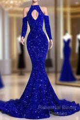 Gorgeous High Neck Long Sleeve Royal Blue Semi Formal Prom Dresses Sequins Party Dress