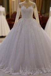 Gorgeous Long A-Line Bateau Pearl Tulle Appliques Lace Wedding Dresses with Sleeves