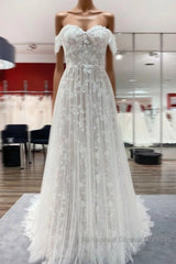 Gorgeous Long A-line Off-the-shoulder Tulle Appliques Lace Wedding Dresses