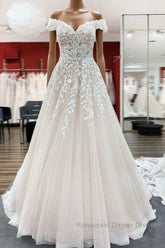 Gorgeous Long A-line Off-the-shoulder Tulle Lace Ruffles Wedding Dresses