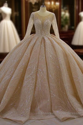 Gorgeous Long Ball Gown Bateau Crystal Wedding Dresses with Sleeves
