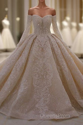 Gorgeous Long Sleeve Off the Shoulder Appliques Lace Ball Gown Wedding Dress