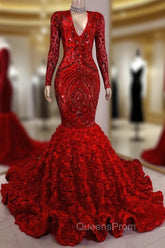 Gorgeous Long Sleeves Sequins Evening Prom Dress Mermaid V-Neck With Flowers Bottom