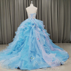 Gorgeous Organza Flowers Blue Sweet 16 Gown, Handmade Party Dress