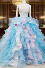 Gorgeous Organza Flowers Blue Sweet 16 Gown, Handmade Party Dress