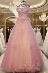 Gorgeous Pink Flowers Off Shoulder Party Dress, Pink Formal Dress Ball Gown Formal Dress