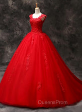 Gorgeous Red Tulle Ball Gown Long Evening Dress with Lace Flowers, Red Sweet 16 Dress