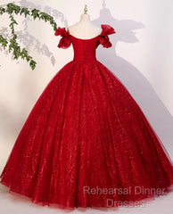 Gorgeous Red Tulle Ball Gown Off Shoulder Sweet 16 Dress, Red Long Formal Dress