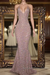 Gorgeous Sequined Mermaid Spaghetti-Strap Long Sleevesless Semi Formal Prom Party Gowns