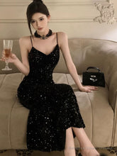 Gorgeous Sheath Spaghetti Straps Black Sequin Evening Dress Prom Dresses Birthday Outfits