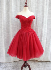 Gorgeous Sparkle Beaded Off Shoulder Red Evening Dress, Red Homecoming Dress