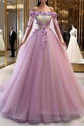 Gorgeous Tulle Off Shoulder Flowers Lace-Up Long Formal Dress, Pink Semi Formal Prom Dress