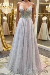 Gorgeous V Neck Backless Beaded Gray Tulle Long Evening Prom Dress, Backless Grey Formal Graduation Evening Dress
