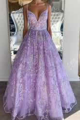 Gorgeous V Neck Thin Straps Purple Long Evening Prom Dress, V Neck Purple Formal Evening Dress, Purple Ball Gown
