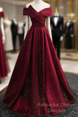 Gorgeous Wine Red Satin Off Shoulder Party Dress , Beautiful Wine Red Semi Formal Prom Dresses