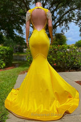 Gorgeous Yellow Long Mermaid Tassel Off the Shoulder Satin Backless Semi Formal Prom Dress with Ruffles