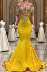 Gorgeous Yellow Long Mermaid Tassel Off the Shoulder Satin Backless Semi Formal Prom Dress with Ruffles
