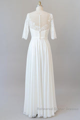 Graceful Long A-line Lace Chiffon Wedding Dresses with Sleeves