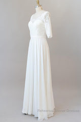 Graceful Long A-line Lace Chiffon Wedding Dresses with Sleeves