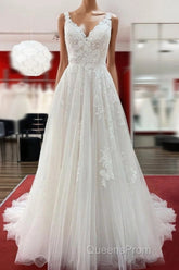 Graceful Long A-line Tulle V Neck Lace Open Back Wedding Dress