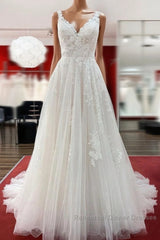 Graceful Long A-line Tulle V Neck Lace Open Back Wedding Dress