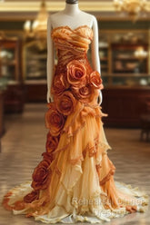 Gradient Orange Mermaid Sweetheart Neck Beaded Long Semi Formal Prom Dress Layered Lace Applique Wedding Dress Evening Dressed01634