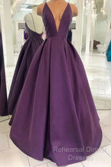 Grape Purple Satin V Neck Backless Long Semi Formal Prom Dress