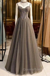 Gray A-Line Evening Prom Dress Open Back Dress Evening Wedding Party Floor Length Sleeveless Spaghetti Strap Tulle with Pleats Crystals