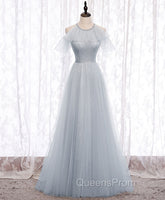 Gray A line Tulle Long Evening Prom Dress, Gray Evening Bridesmaid Dress