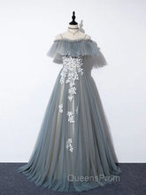Gray Blue A line Tulle Lace Long Evening Prom Dress, Gray Blue Graduation Dress