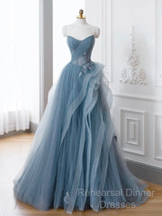 Gray Blue Tulle Lace Long Semi Formal Prom Dress, Gray Blue Formal Dress