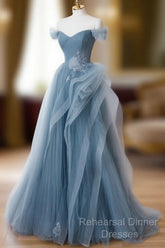 Gray Blue Tulle Lace Long Semi Formal Prom Dress, Gray Blue Formal Dress