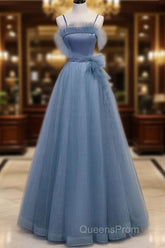 Gray Blue Tulle Long Evening Prom Dress A Line Evening Dress Formal Dress December Wedding Guest Dress