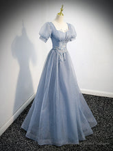 Gray Blue Tulle Long Prom Dress, Gray Blue Tulle Formal Evening Dresses