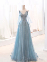 Gray Blue V Neck Tulle Sequin Long Prom Dress, Blue Evening Dress