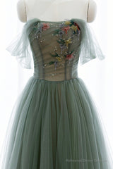 Gray Green Tulle Beaded Long Prom Dress, A-Line Evening Dress