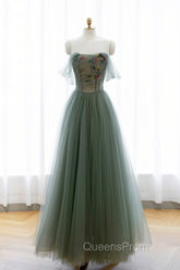 Gray Green Tulle Beaded Long Evening Prom Dress, A-Line Evening Dress