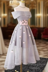 Gray Organza Hight-Low Semi Formal Prom Dress, Gray Bridesmaid Dress