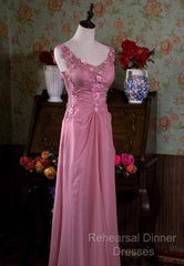 Gray Pink Retro Mermaid V-Neck Chiffon Beaded Long Semi Formal Prom Dress Sweet Applique Birthday Dress