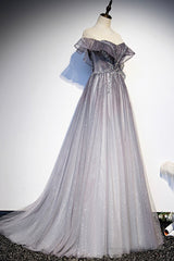 Gray Scoop Neckline Tulle Long Formal Dress, A-Line Evening Graduation Dress