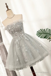 Gray Strapless Tulle Short Prom Dress with Sequins, Cute A-Line Party Dress