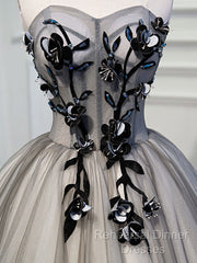 Gray Sweetheart Neck Tulle Lace Short Semi Formal Prom Dress, Cute Homecoming Dress