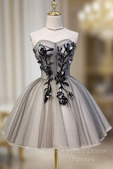 Gray Sweetheart Neck Tulle Lace Short Semi Formal Prom Dress, Cute Homecoming Dress
