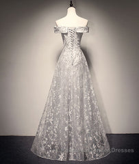 Gray tulle lace long Semi Formal Prom Dresses, lace tulle bridesmaid Dresses