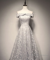 Gray tulle lace long Semi Formal Prom Dresses, lace tulle bridesmaid Dresses