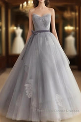 Gray Tulle Lace Long Semi Formal Prom Dress Sweet 16 Dress A Line Off Shoulder December Wedding Guest Dress