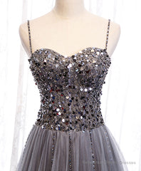Gray Tulle Sequin Long Prom Dress, Gray Tulle Formal Dress with Beading Sequin