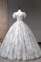 Gray Tulle Sequins Long Prom Dress, A-Line Evening Party Dress